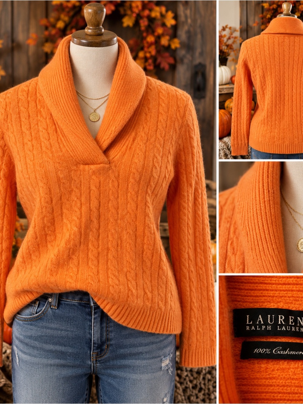 Lauren Ralph Lauren 100% Cashmere Sweater M Orange Cable Knit Shawl Collar